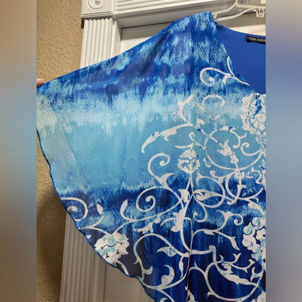 Sara Michelle Blue Ombre Scroll Sheer V-Neck Blouse - Picture 2 of 5